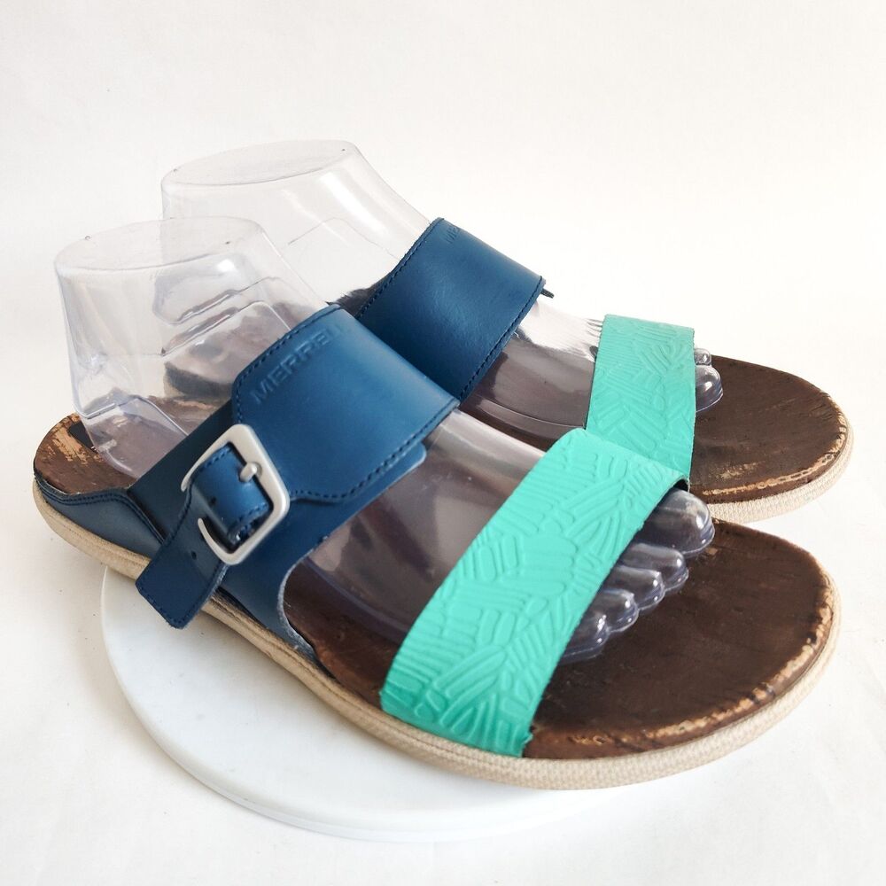 Merrell Comfort Sandals Womens 10 Poseidon Blue Teal‎ Leather Slip On Strappy